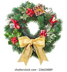 Christmas Wreath With Gold Bow Isolated On White Background