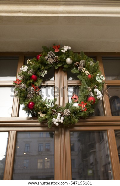 Christmas Wreath Hanging On Brown Wooden Stock Photo Edit Now