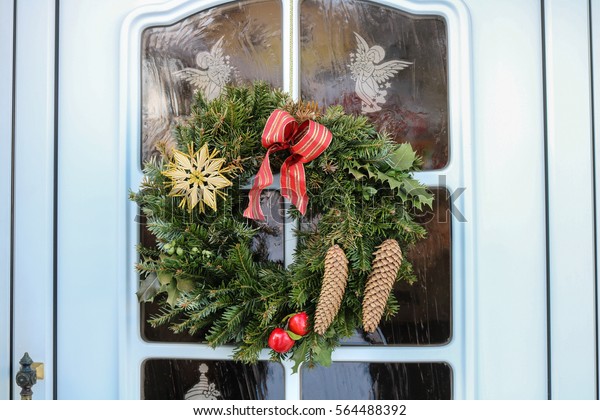 Christmas Wreath Hanging On Front Door Stock Photo Edit Now