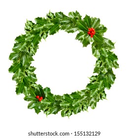 Christmas Wreath Of Holly - Green Leaf Isolated