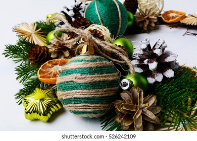 Christmas Wreath With Homemade Jute Twine Ornaments. Christmas Background With Rustic Decoration.  