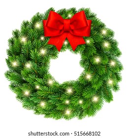 Christmas Wreath With Lights And Red Ribbon Bow Decoration