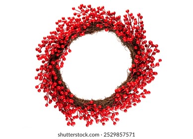 Christmas wreath made of artificial red berries branches for home decoration, on a white background - Powered by Shutterstock