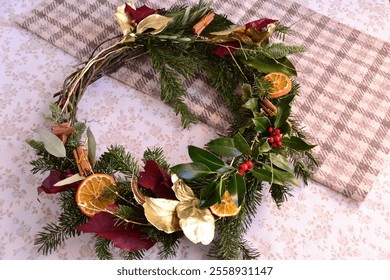 Christmas wreath mistletoe pine tree cinnamon oranges decoration, handmade new year holidays crafting, green red brown colors and rustic theme garland arrangement, new year time handmade activity - Powered by Shutterstock