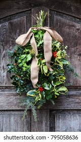 Christmas Wreath On English Country Home - UK