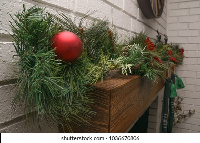 Christmas Wreath On Fireplace Mantle