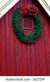 Christmas Wreath On Red Barn