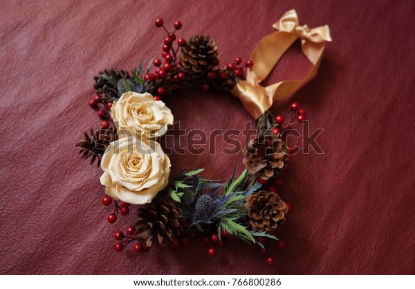 Christmas Wreath Preserved Flowers Red Berries Stock Photo Edit