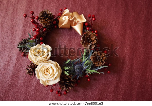 Christmas Wreath Preserved Roses Red Berries Stock Photo Edit Now 766800163