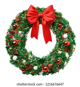 christmas wreath, red ribbon bow, isolated on white background, clipping path - Shutterstock ID 1216676647