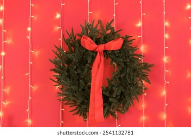 Christmas wreath with red ribbon hanging on a red wall with lights - Powered by Shutterstock