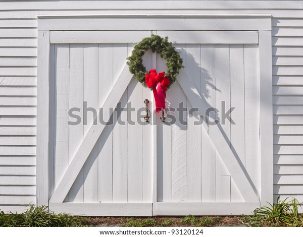 Christmas Wreath Red Ribbon Hanging On Stock Image