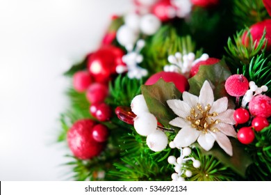 Christmas Wreath Winter Holiday Door Decoration In Red And Green With Artificial Flowers, Glitter,berries With Lace Ribbons