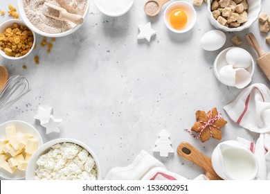 Christmas Or Xmas Baking Culinary Background. Ingredients For Cooking On Kitchen Table, Baking Recipe For Pastry. New Year, X-mas Or Noel Holiday Festive Decorations, Copy Space