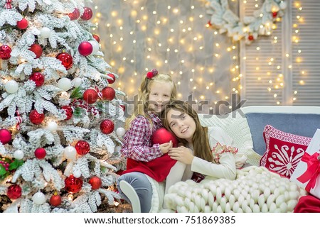 Christmas Xmas Casual Gold Studio Decorations Stock Photo Edit Now Christmas Xmas Casual Gold Studio Decorations With Cute Girl And Huge Mirror Golden Frame Plenty