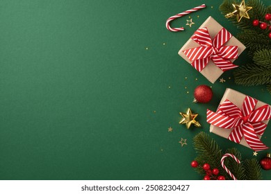 Christmas-themed image featuring gift boxes with red ribbons, candy canes, and ornaments on a green background creating a warm festive atmosphere - Powered by Shutterstock