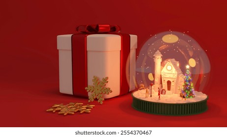 A Christmas-themed still life features a gift box, snow globe, and gold snowflakes, creating a festive and warm holiday atmosphere - Powered by Shutterstock