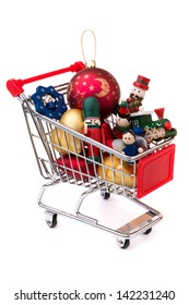 Christmas-tree Decorations: Shopping Cart, Full Of Christmas Toys And Baubles, Isolated On White Background 