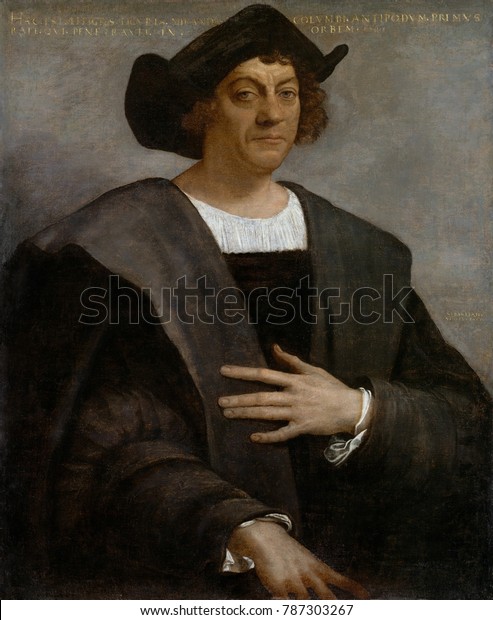 CHRISTOPHER COLUMBUS, by Sebastiano del Piombo, 1519, Italian painting, oil on canvas. The inscription stating the sitter as Columbus was probably added after the painting was made and identification