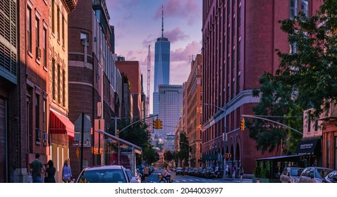 Christopher St View To The World Trade Center, Old Red Manhattan Buildings On A Sunset,
New York, NY 10014, United States. 9.19.2021