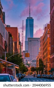 Christopher St View To The World Trade Center, Old Red Manhattan Buildings On A Sunset,
New York, NY 10014, United States. 9.19.2021