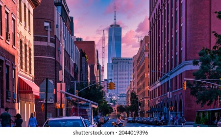 Christopher St View To The World Trade Center, Old Red Manhattan Buildings On A Sunset,
New York, NY 10014, United States. 9.19.2021