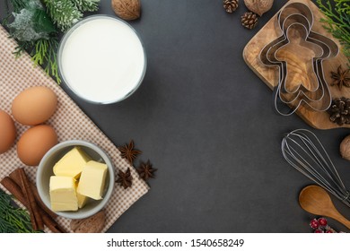 Chritmas baking. Flat lay cooking pastry mockup, gray background with copy space for text.