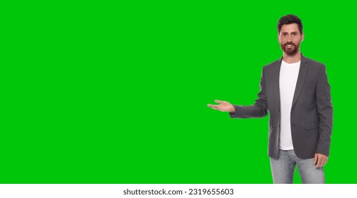 Chroma key compositing. Broadcaster against green screen, banner design - Powered by Shutterstock