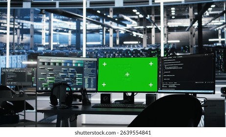Chroma key computer displays in data center workplace used for managing supercomputers hardware energy consumption. Green screen PC used for automation in server hub workplace