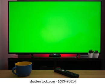 Chroma Key Green Screen Tv Television Screen In Living Room Home Setting