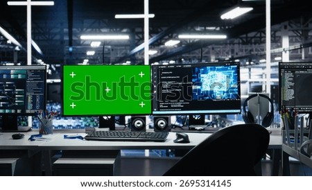 Chroma key isolated screen computers managing data center gear using artificial intelligence tech. Green screen mockup PCs with visual programming software for efficient data processing and storage
