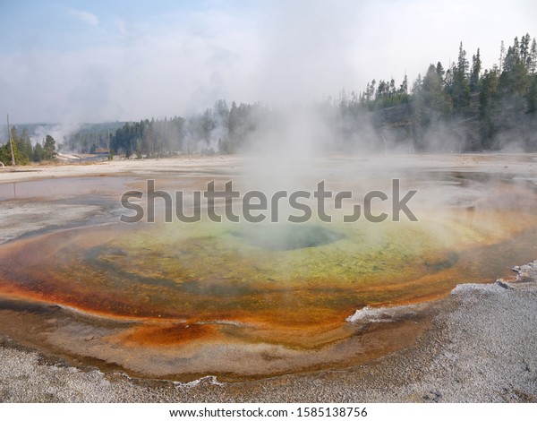 Chromatic pool famous hot\
spring , Deep geothermal multi colored pool turquoise water, steam\
rising from water, forest in background, Yellowstone national\
park