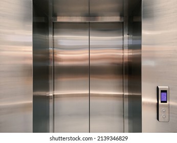 Chrome Elevator With Closed Doors, Business Center Elevator Doors, Metal Doors, Chrome Gradient, Brushed Metal Texture, Closed Doors , Stainless Steel, Closed Metal Door Detail, Interior 