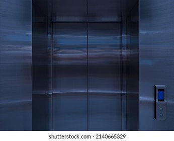 Chrome Elevator With Closed Doors, Business Center Elevator Doors, Metal Doors, Chrome Gradient, Brushed Metal Texture, Closed Doors , Stainless Steel, Closed Metal Door Detail, Interior 