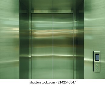 Chrome Elevator With Closed Doors, Business Center Elevator Doors, Metal Doors, Chrome Gradient, Brushed Metal Texture, Closed Doors , Stainless Steel, Closed Metal Door Detail, Interior 