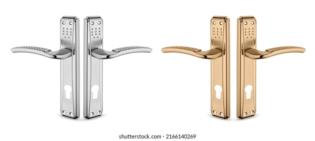 Chrome and gold door handle in side view on white background. Door handle isolated.