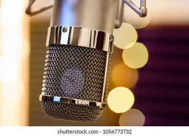 Chrome Grilled Recording Studio Tube Microphone In Shallow Depth Of Field