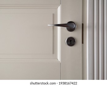 Chrome handle with keyhole on white door with panels in frames. Entrance. Close-up photo of architecture detail. Interior fragment as geometrical background with three rectangles and parallel lines. - Powered by Shutterstock