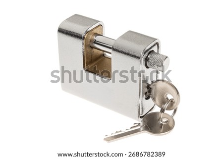 Chrome padlock with a key in the lock, isolated on a white. Concept for security, unlocking solutions, data protection, privacy, and safety.