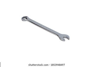 Chrome plated box wrench on white isolated background