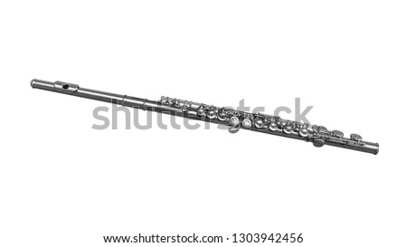 Chrome plated classical musical instrument flute isolated on a white background. Music instruments series