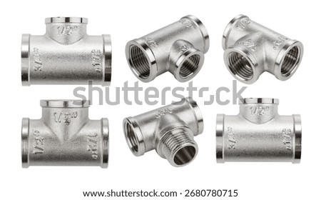 Chrome plated tee pipe fitting. Tee pipe T adapter. Isolated on white background.