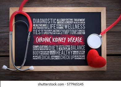 Chronic Kidney Disease general health word cloud on chalkboard with stethoscope, health / medical concept.