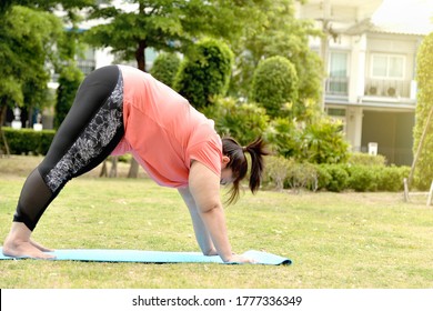 Chubby Happy Woman Exercise Or Yoga On Green Natural Tropical Garden At Home For New Normal Condition After Corona Epidemic.weight Woman Go On Diet Activity Fitness For Good Health And Strong Health