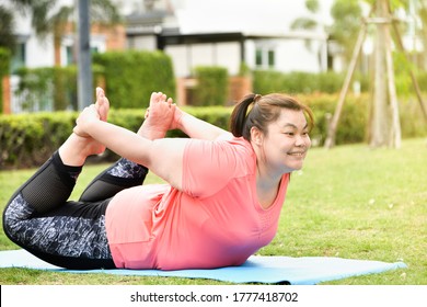 Chubby Happy Woman Exercise Or Yoga On Green Natural Tropical Garden At Home For New Normal Condition After Corona Epidemic.weight Woman Go On Diet Activity Fitness For Good Health And Strong Health