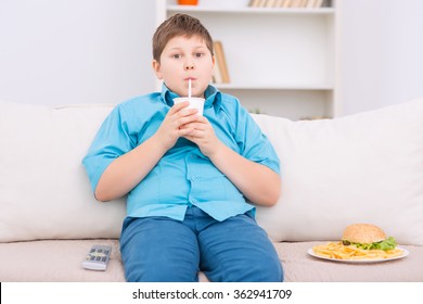 Chubby Kid With Junk Food On The Sofa. 