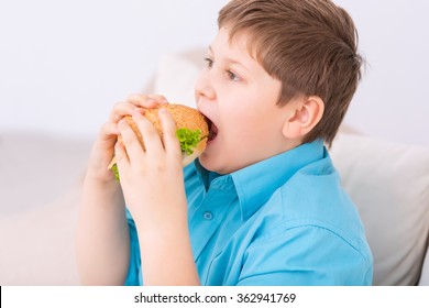 Chubby Kid Taking A Bite Off Cheeseburger. 