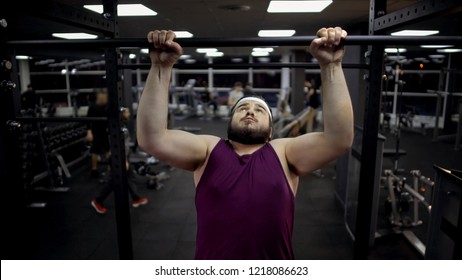 Chubby Man Pulling Up On Bar, Desire To Lose Weight And Be Strong, Motivation