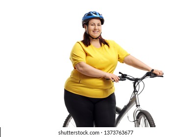 Chubby Woman With A Bike Isolated On White Background
