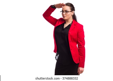 Chubby Woman In Red Jacket Looking At Something Far Away Isolated On White Background